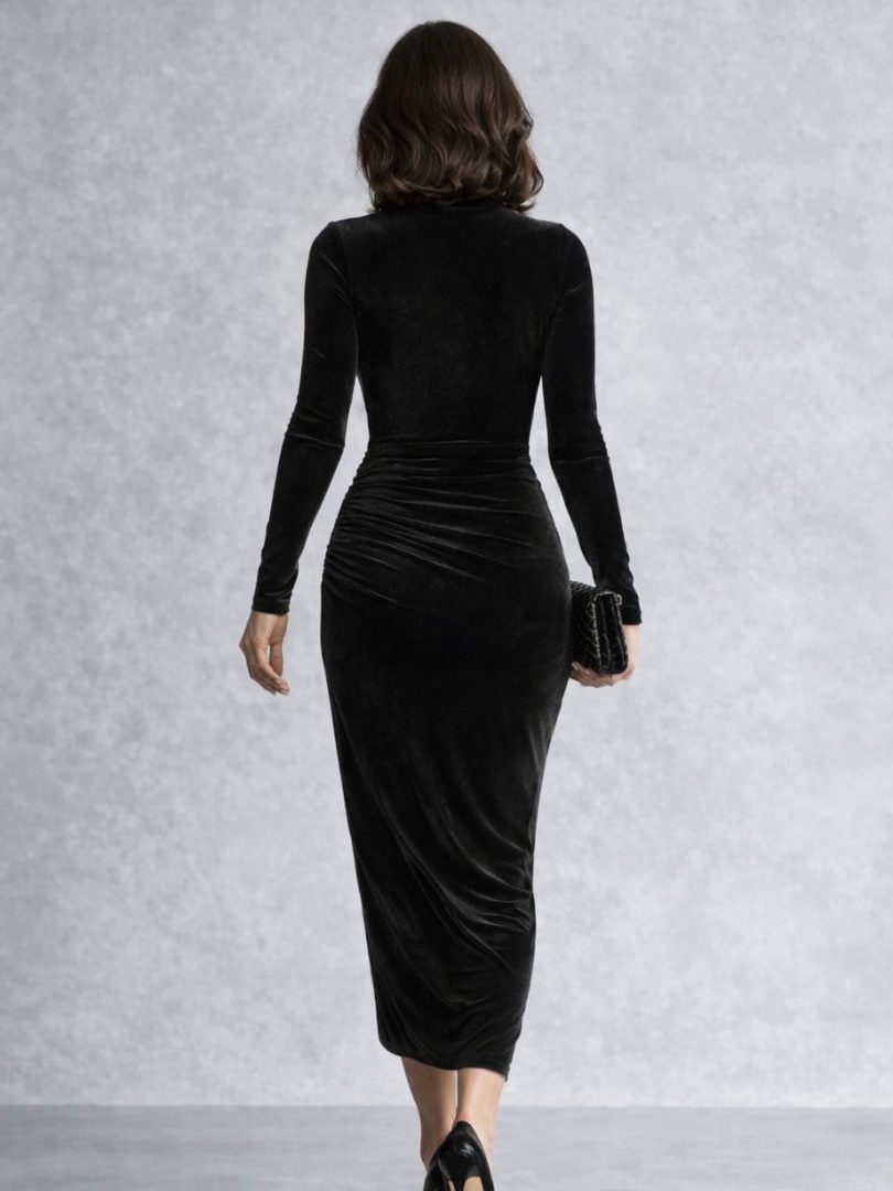 Velvet Ruched Midi Dress with Roll Neck and Long Sleeves for Women - View 4