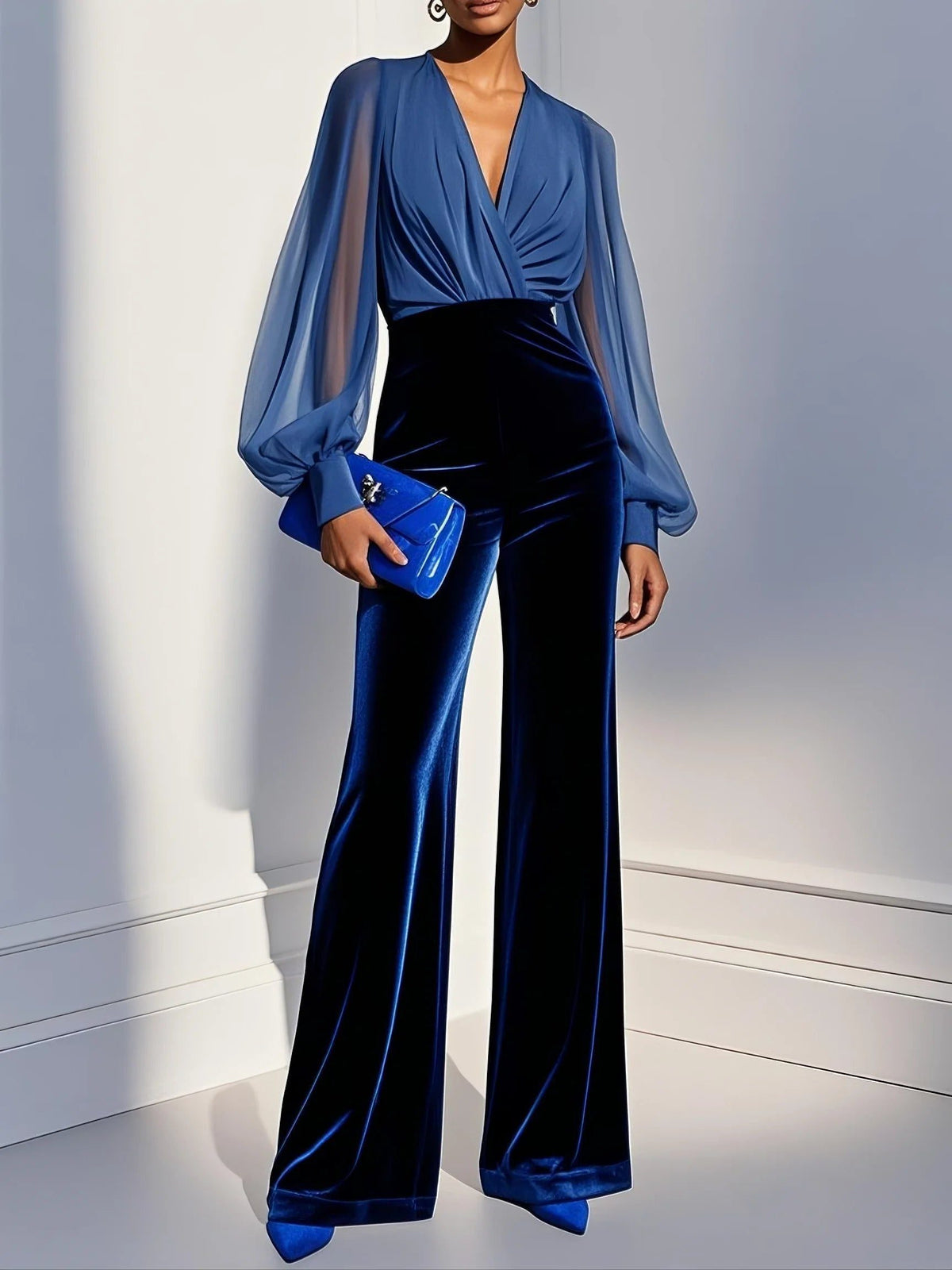 Velvet Wide Leg Jumpsuit with Sheer Wrap Top for Women
