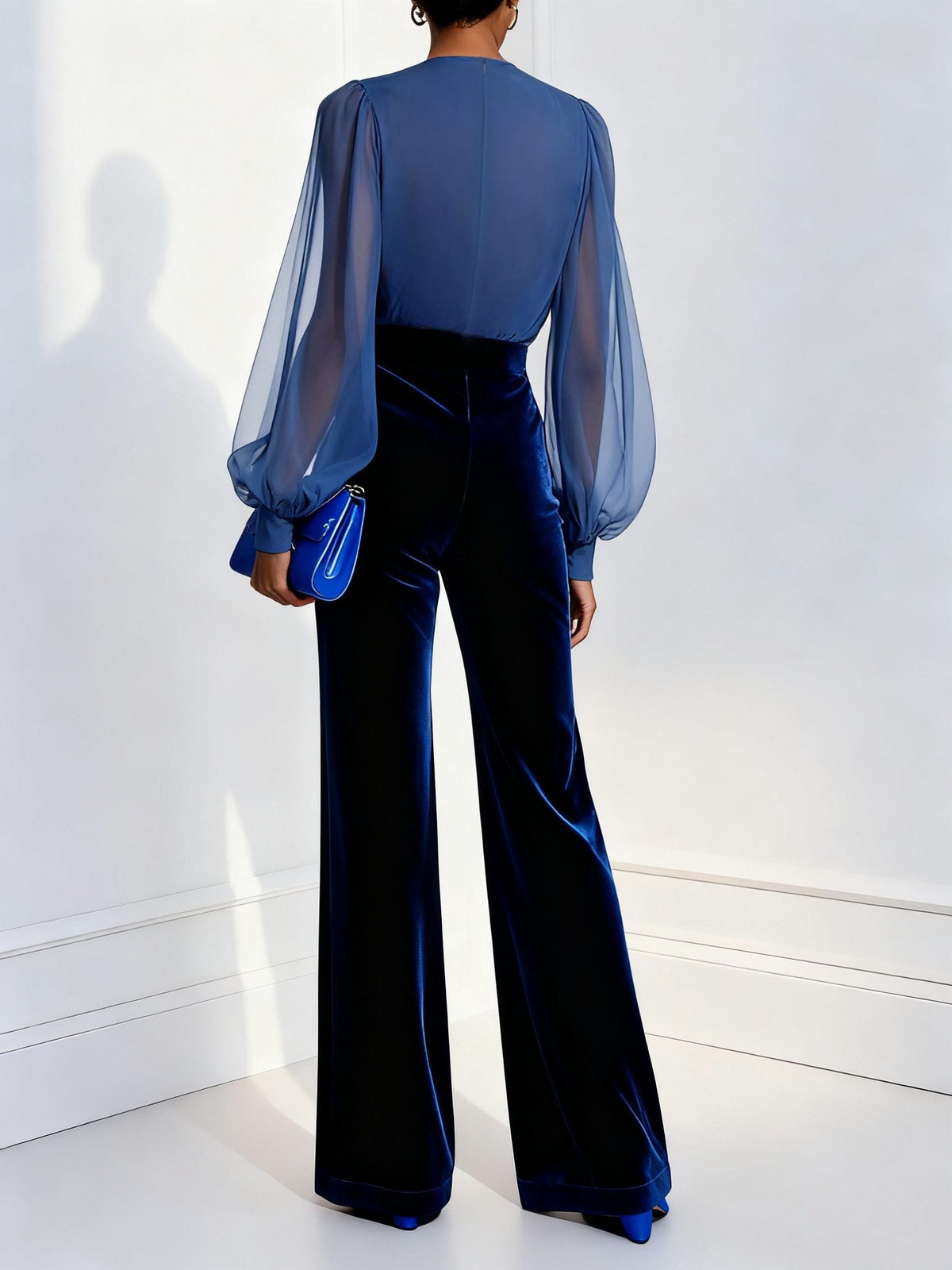Velvet Wide Leg Jumpsuit with Sheer Wrap Top for Women - View 2