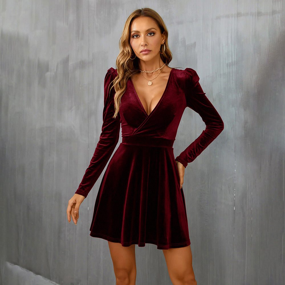 Velvet Wrap Midi Dress with V-Neck Long Sleeves for Women - Red