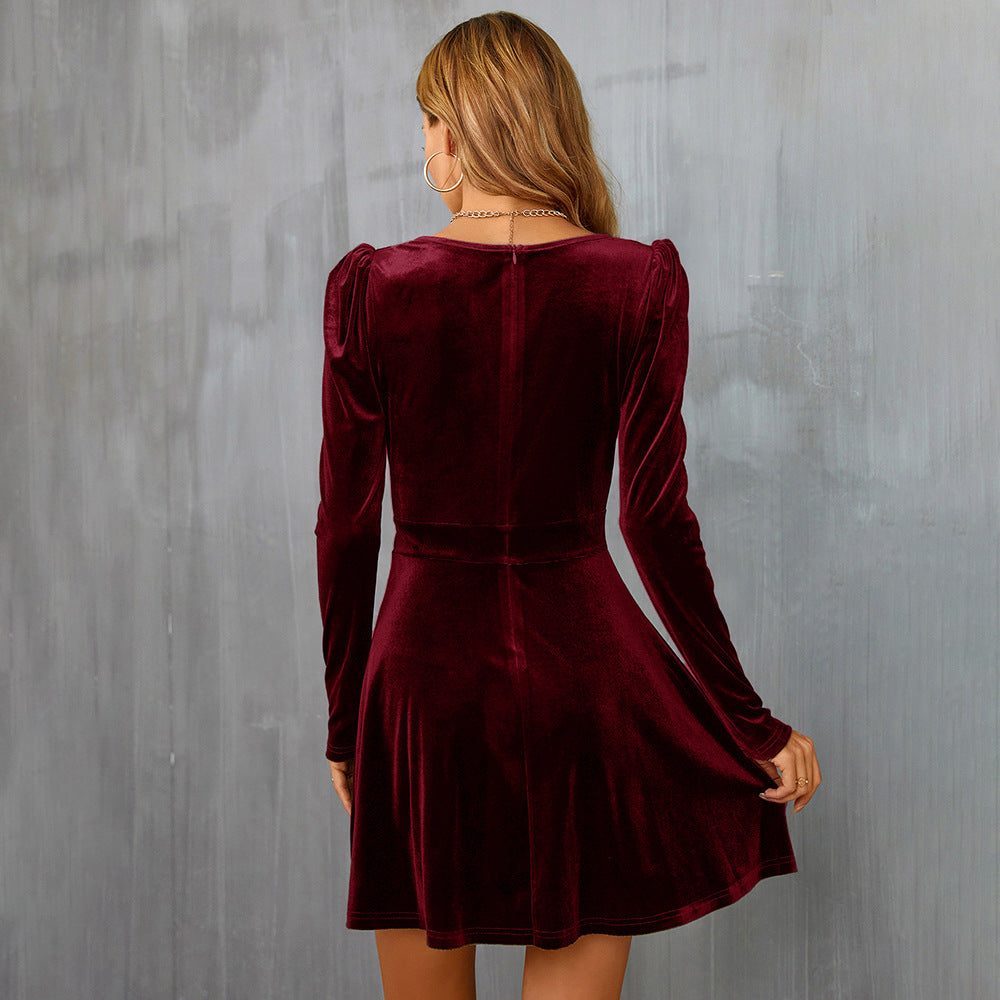 Velvet Wrap Midi Dress with V-Neck Long Sleeves for Women - View 3