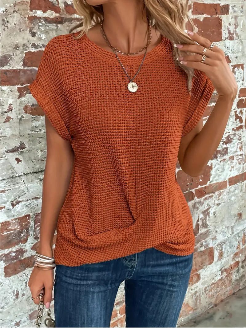 Waffle Knit Short Sleeve Top for Women