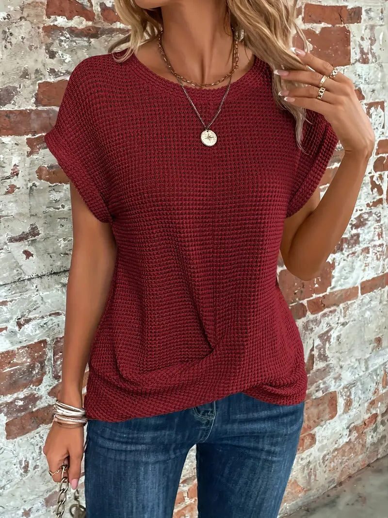 Waffle Knit Short Sleeve Top for Women - Burgundy