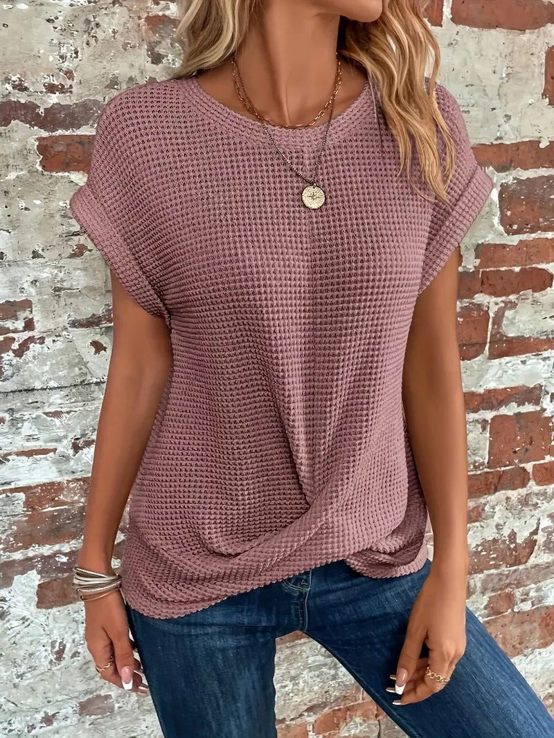 Waffle Knit Short Sleeve Top for Women - Dusty Pink