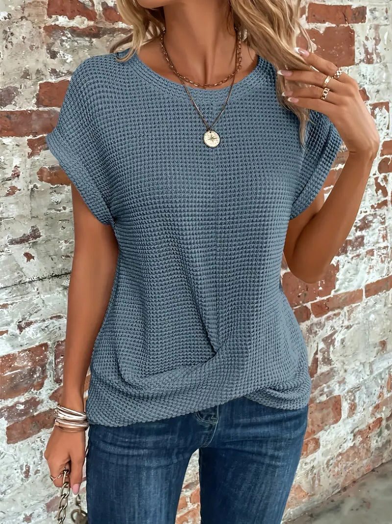 Waffle Knit Short Sleeve Top for Women - Steel Blue