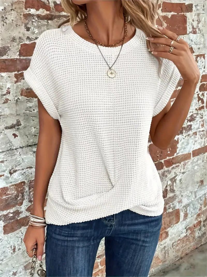 Waffle Knit Short Sleeve Top for Women - White