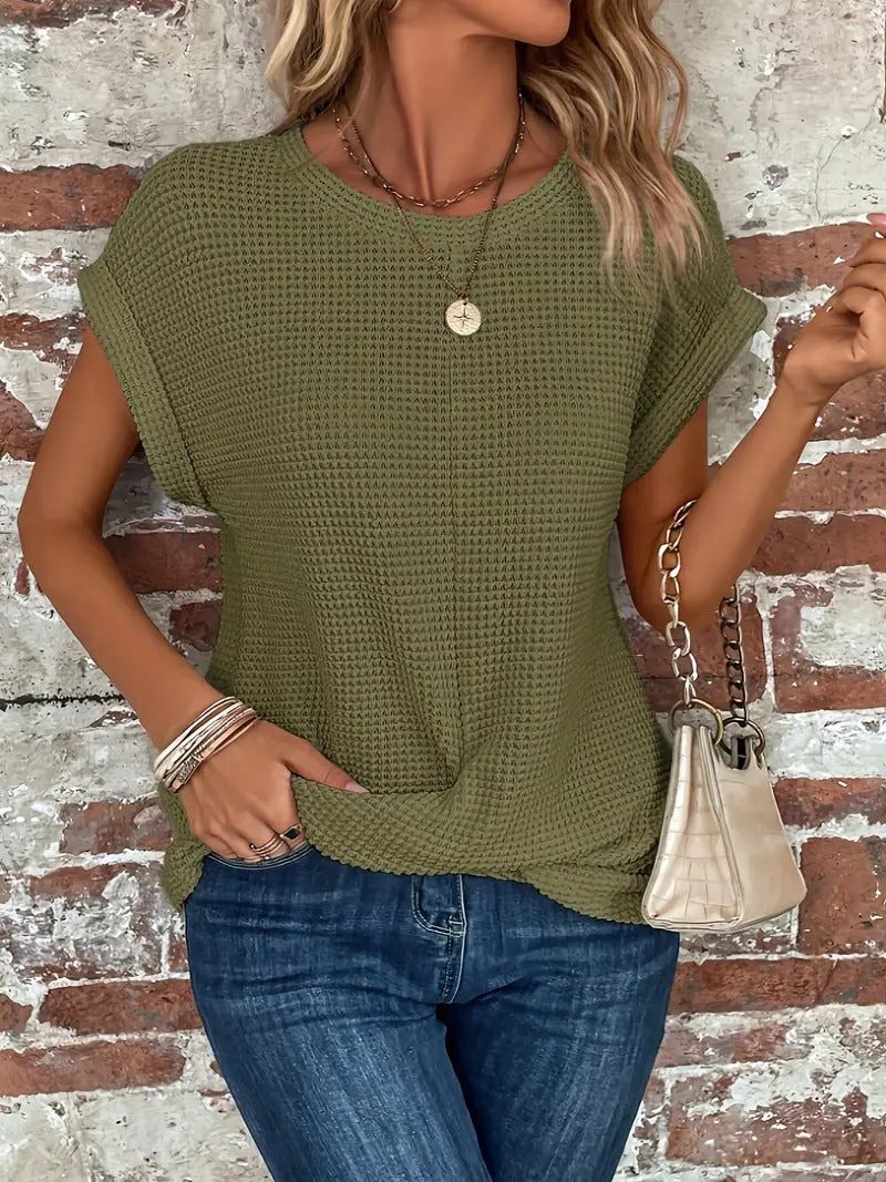 Waffle Knit Short Sleeve Top for Women - Olive Green