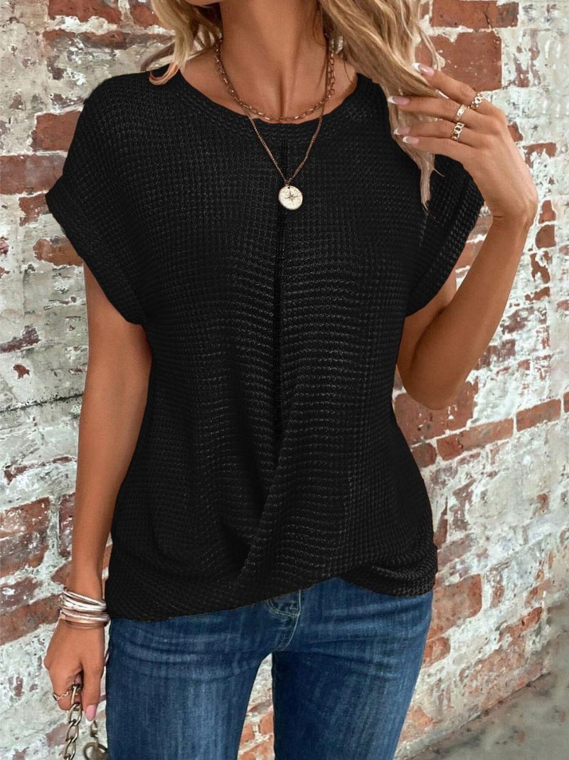 Waffle Knit Short Sleeve Top for Women - Black