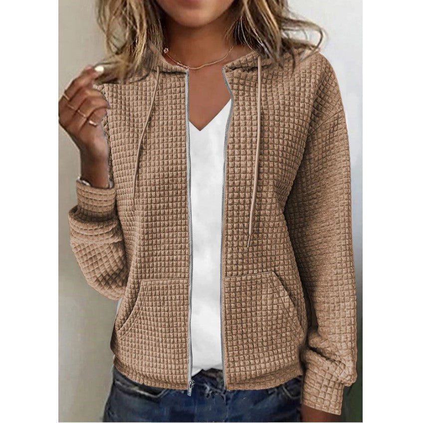 Waffle Knit Zip-Up Jacket for Women
