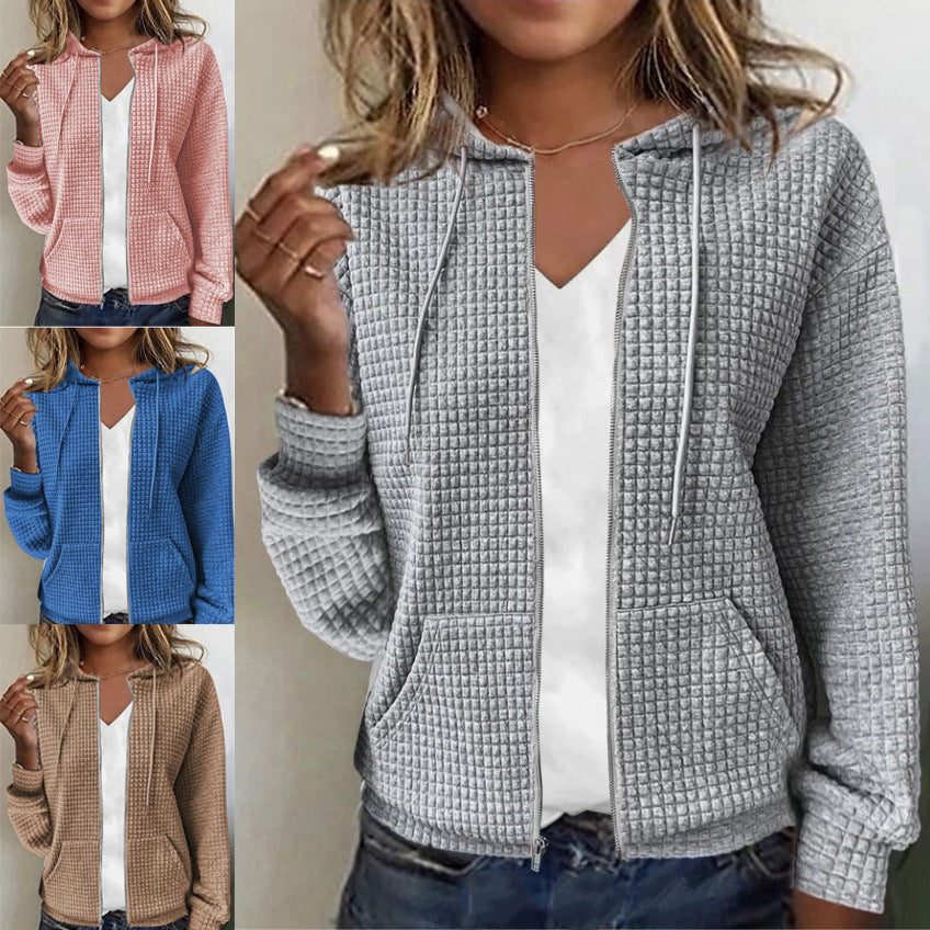 Waffle Knit Zip-Up Jacket for Women