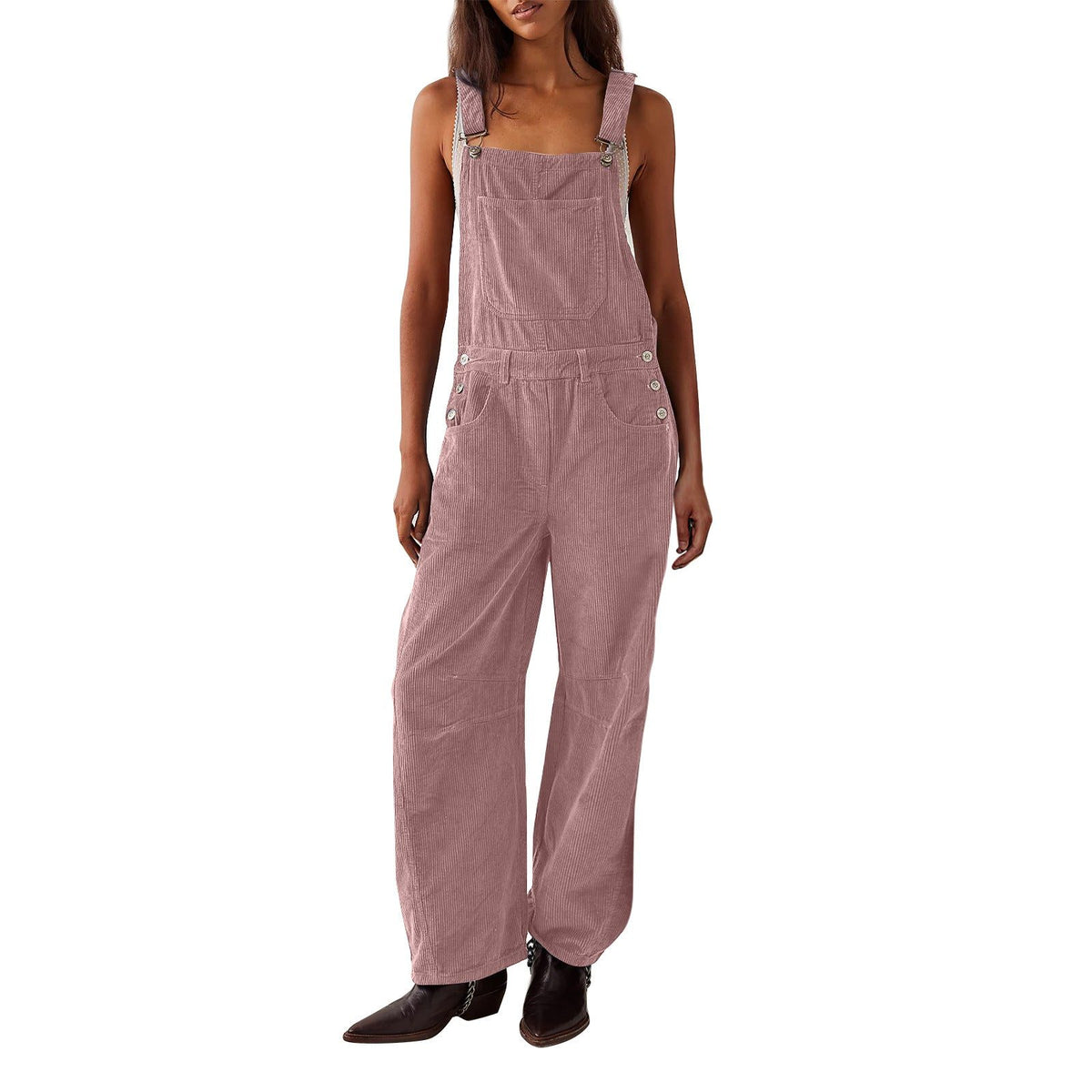 Wide Leg Corduroy Dungarees with Adjustable Straps for Women - Pink