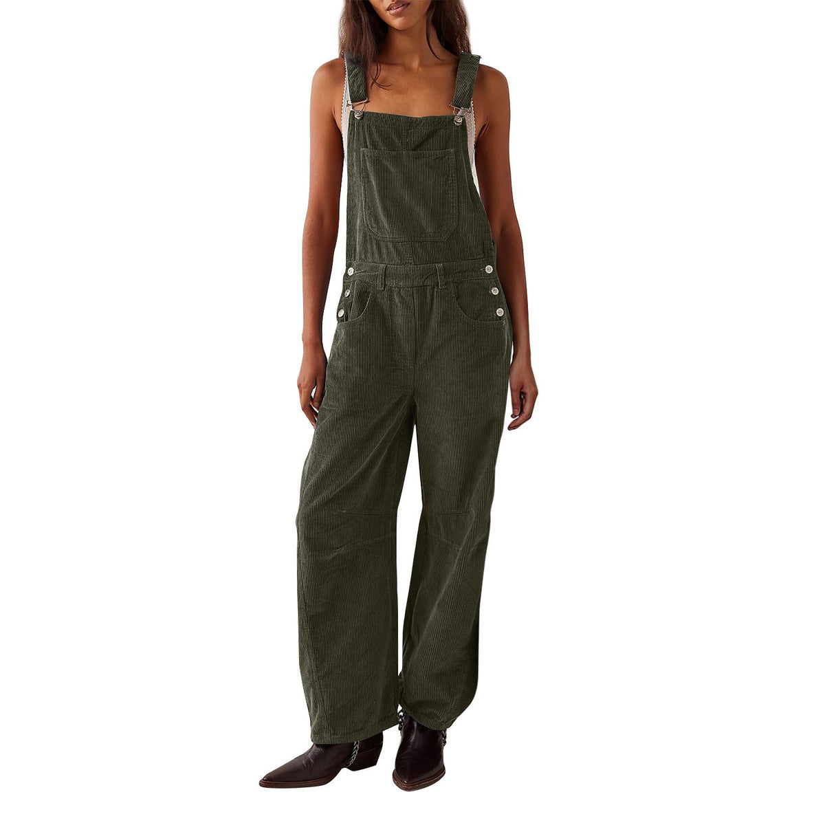 Wide Leg Corduroy Dungarees with Adjustable Straps for Women - Darker grey