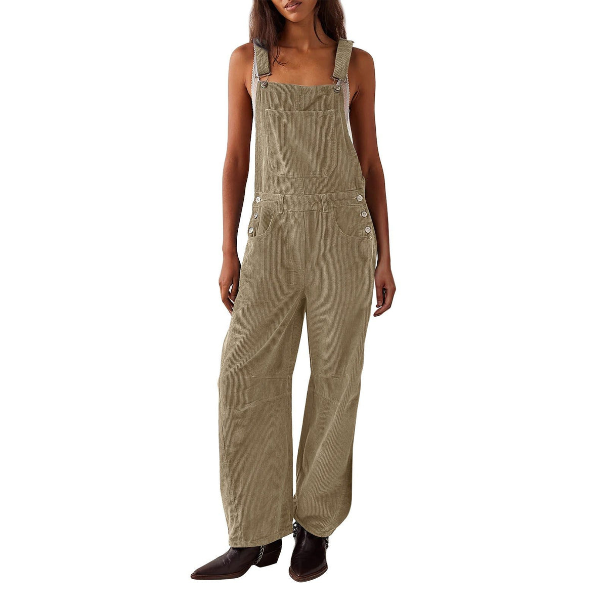 Wide Leg Corduroy Dungarees with Adjustable Straps for Women - Khaki