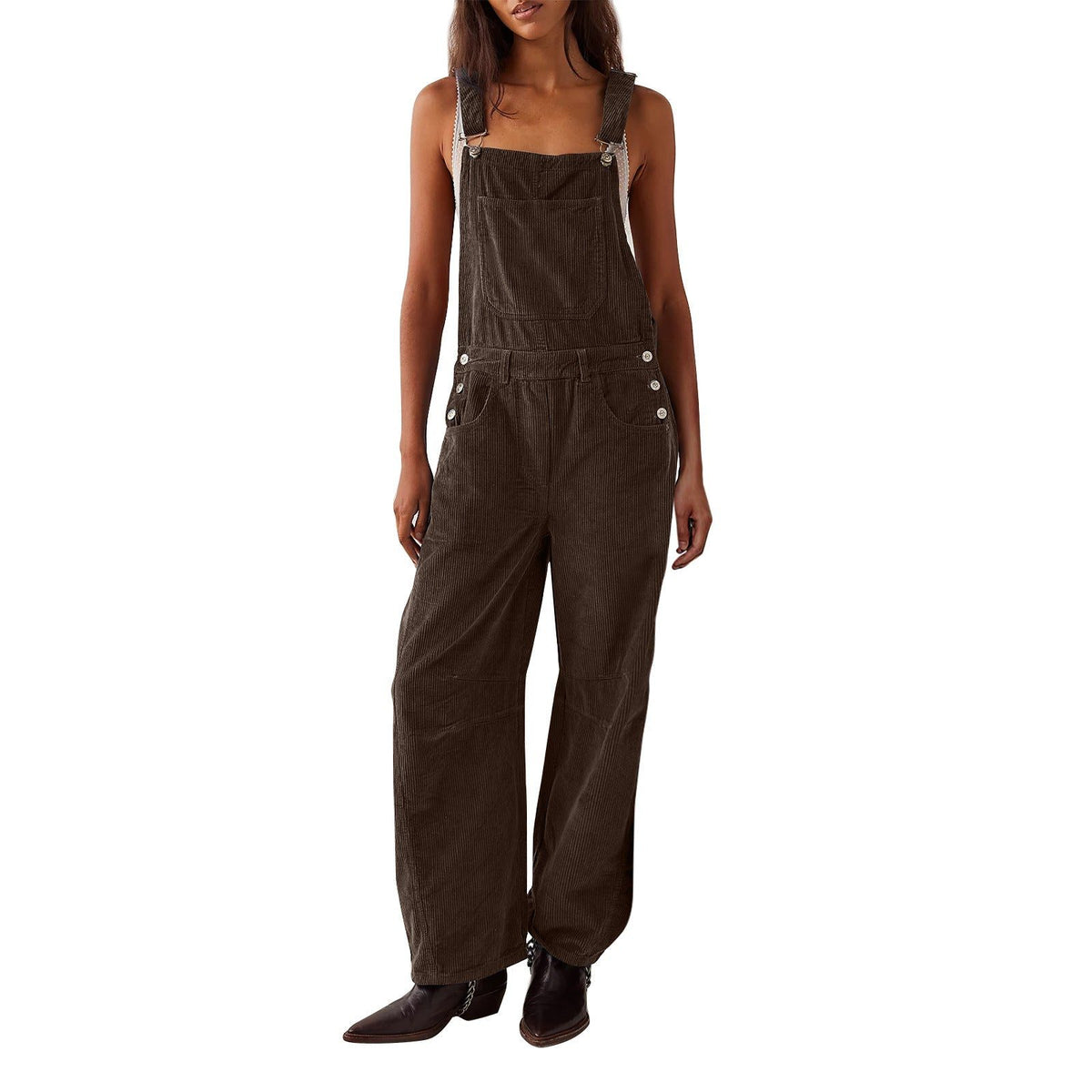 Wide Leg Corduroy Dungarees with Adjustable Straps for Women - View 2
