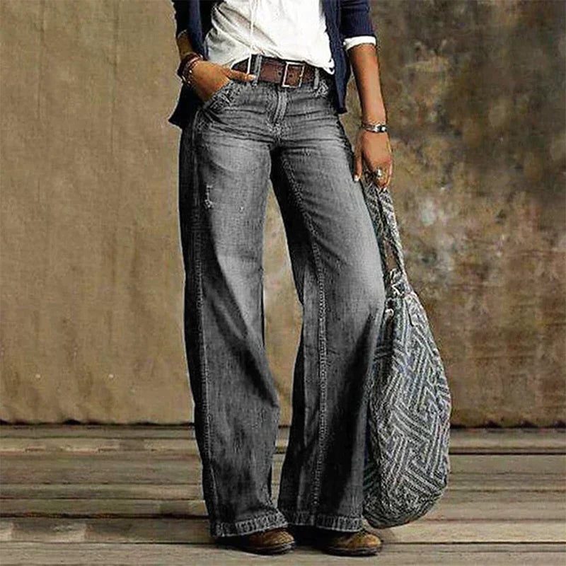 Wide Leg Denim Trousers for Women - Light Gray