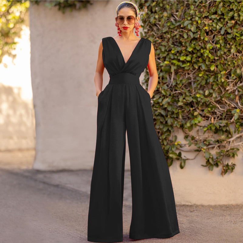 Wide Leg Jumpsuit with V-Neck for Women