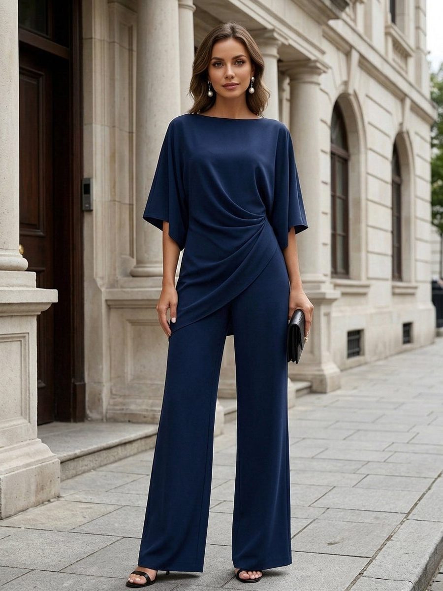 Wide Leg Trouser Set with Cape Sleeves and Draped Waist for Women - View 12