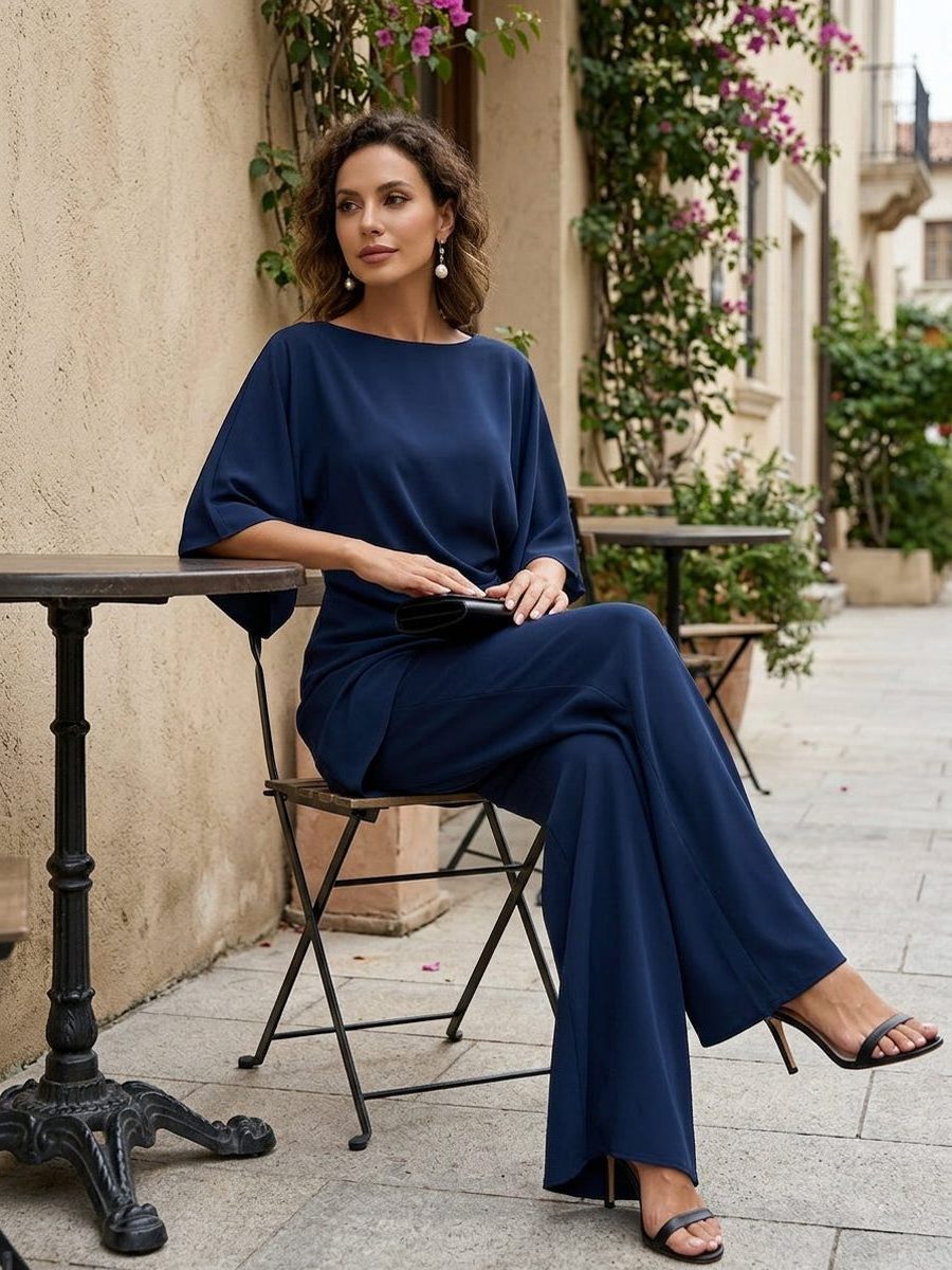 Wide Leg Trouser Set with Cape Sleeves and Draped Waist for Women - View 13