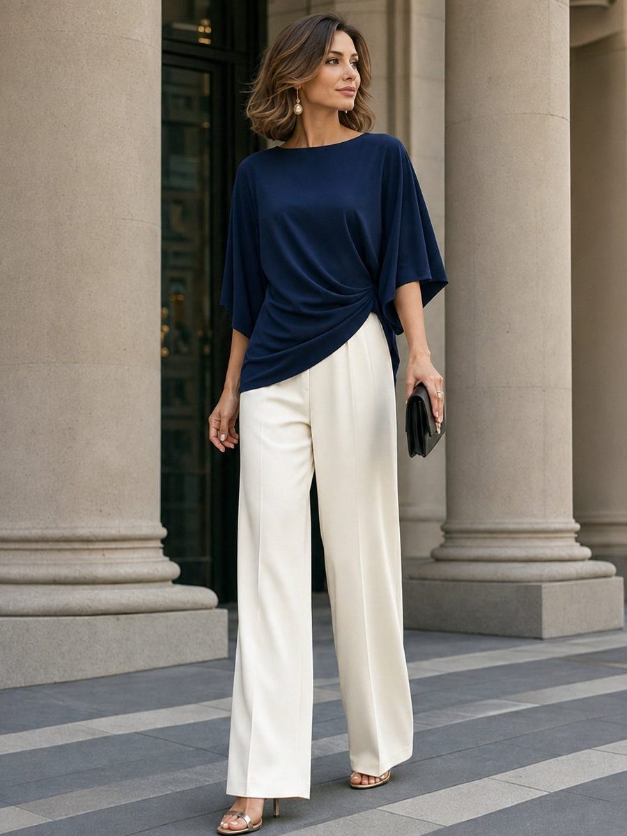 Wide Leg Trouser Set with Cape Sleeves and Draped Waist for Women - View 15