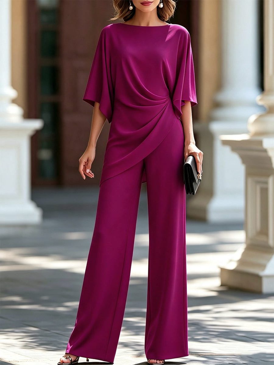 Wide Leg Trouser Set with Cape Sleeves and Draped Waist for Women - Fuchsia