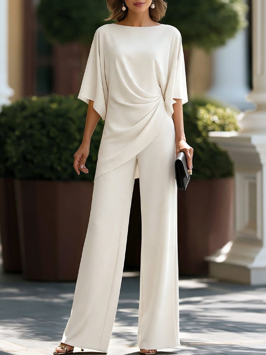 Wide Leg Trouser Set with Cape Sleeves and Draped Waist for Women - White