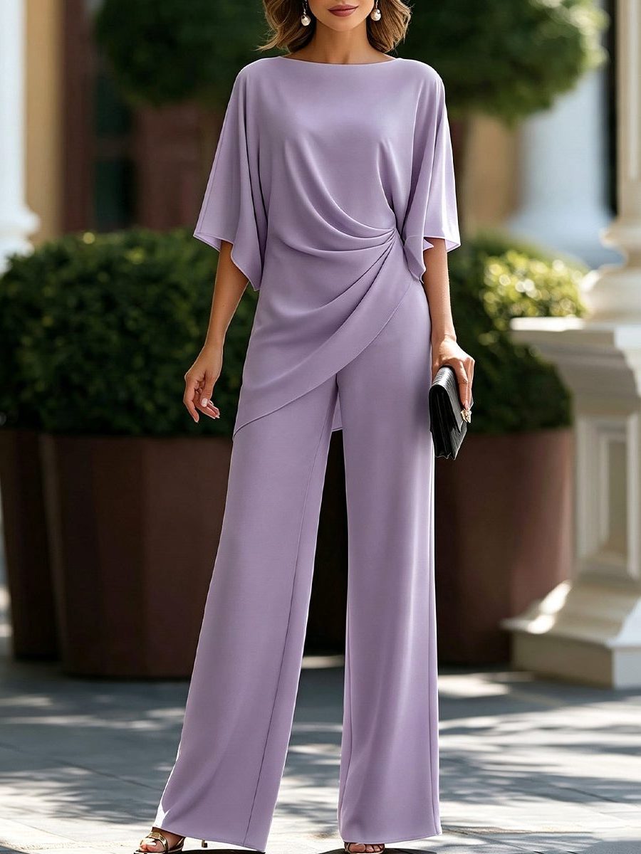 Wide Leg Trouser Set with Cape Sleeves and Draped Waist for Women - Lavender