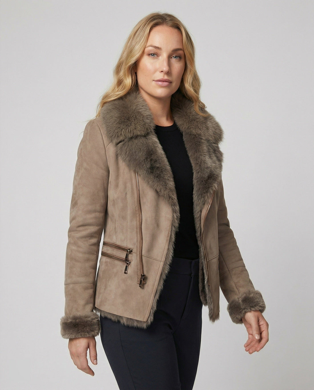 Winter Suede Jacket with Faux Fur Collar and Cuffs for Women