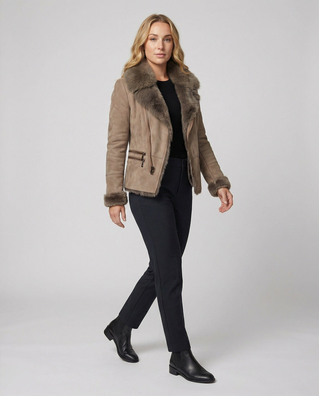 Winter Suede Jacket with Faux Fur Collar and Cuffs for Women