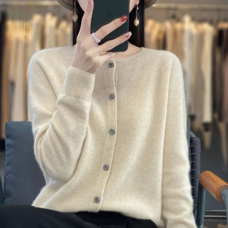Wool Cardigan with Ribbed Knit for Women