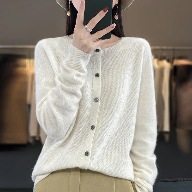 Wool Cardigan with Ribbed Knit for Women - White