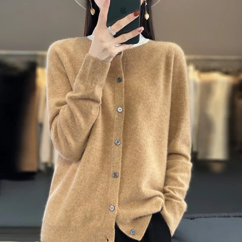 Wool Cardigan with Ribbed Knit for Women - Brown