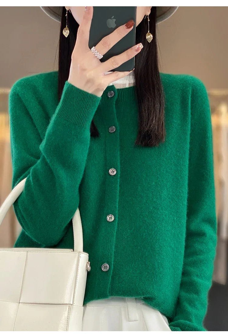 Wool Cardigan with Ribbed Knit for Women - Green