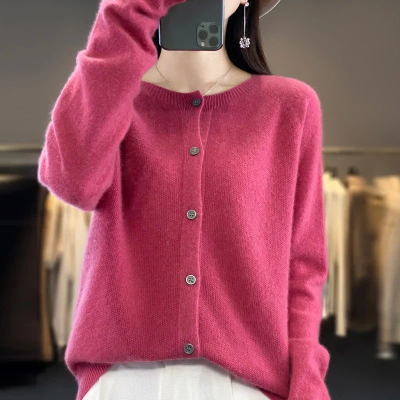 Wool Cardigan with Ribbed Knit for Women - Pink