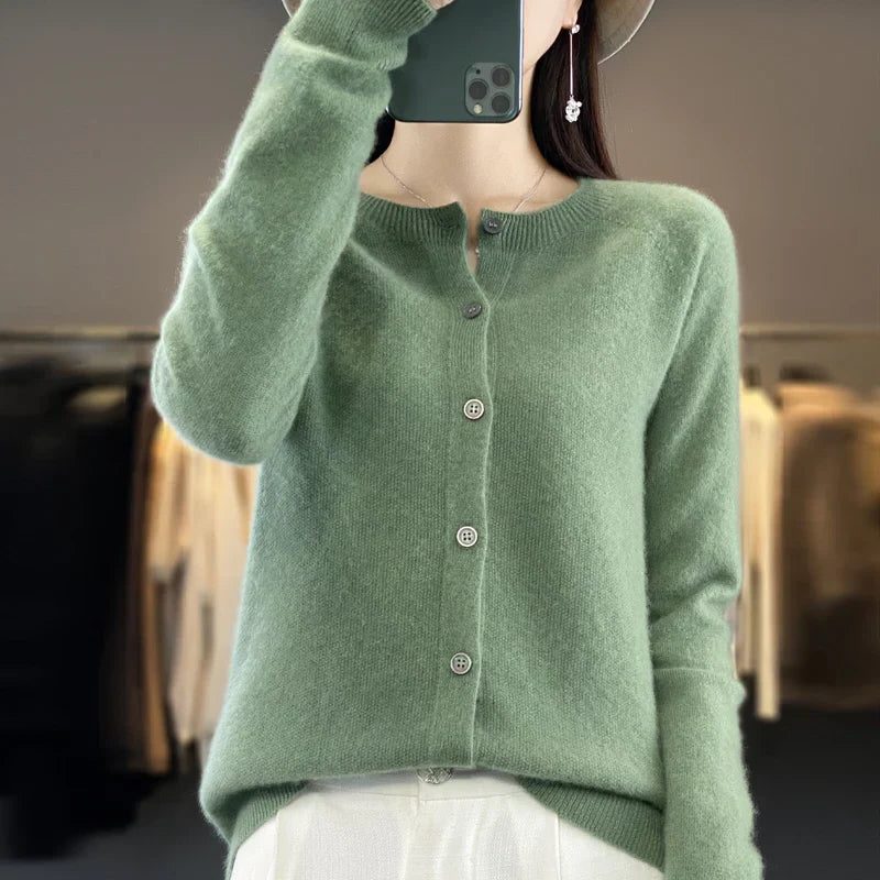 Wool Cardigan with Ribbed Knit for Women - Light green