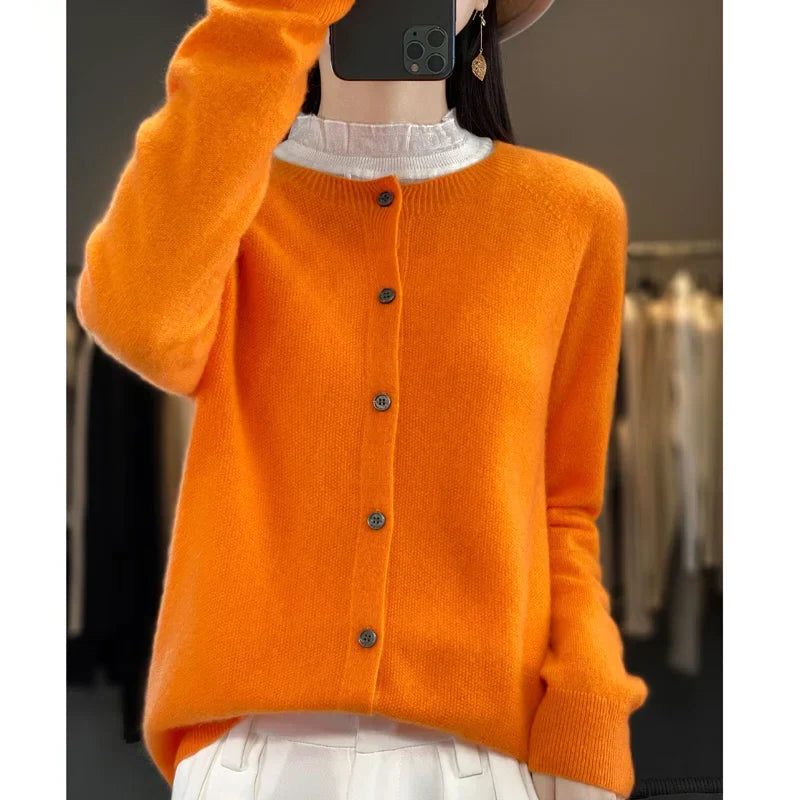Wool Cardigan with Ribbed Knit for Women - Orange