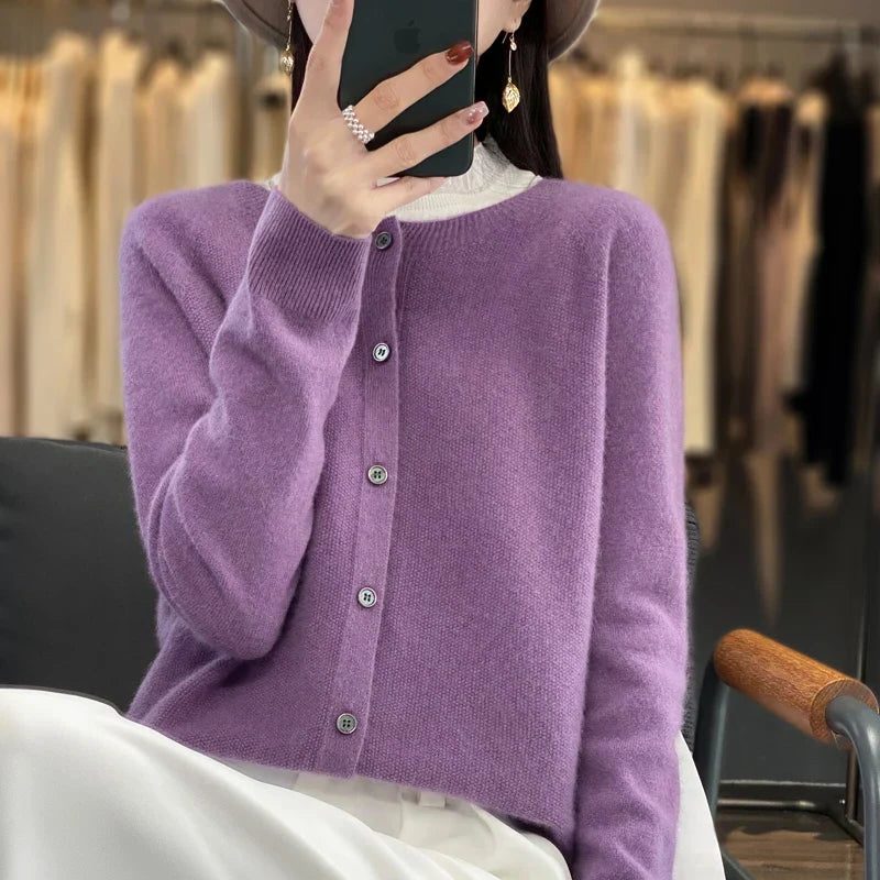 Wool Cardigan with Ribbed Knit for Women - Purple