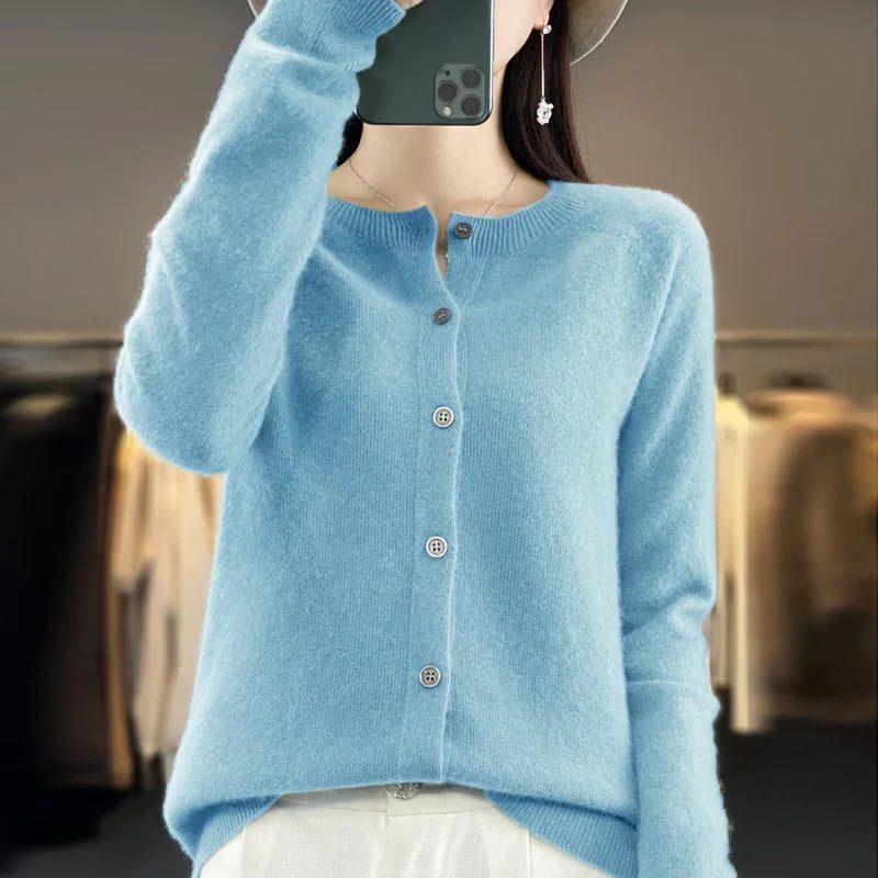 Wool Cardigan with Ribbed Knit for Women - Blue