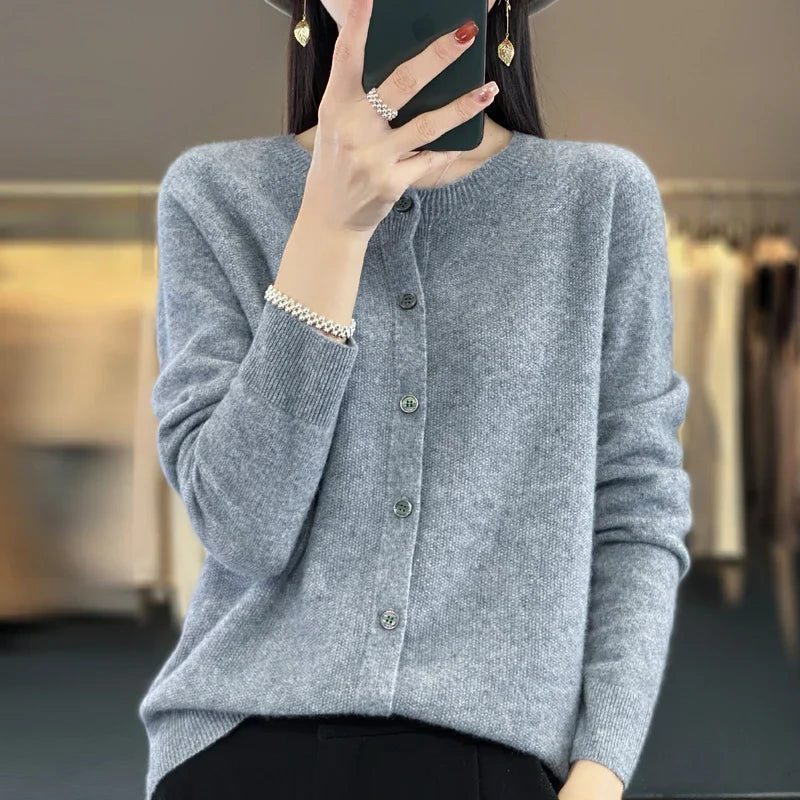 Wool Cardigan with Ribbed Knit for Women - Gray