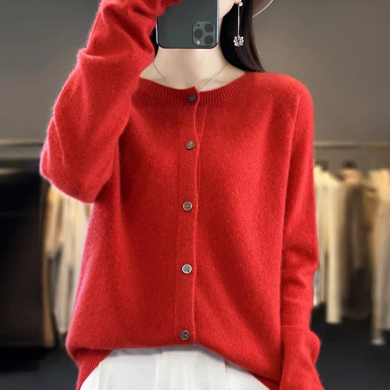 Wool Cardigan with Ribbed Knit for Women - Red