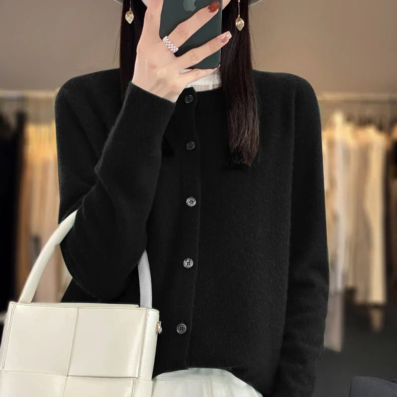 Wool Cardigan with Ribbed Knit for Women - Black