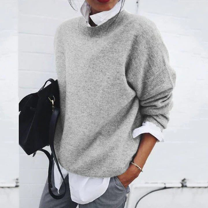 Wool Knit Jumper with Crew Neck for Women - Light Grey