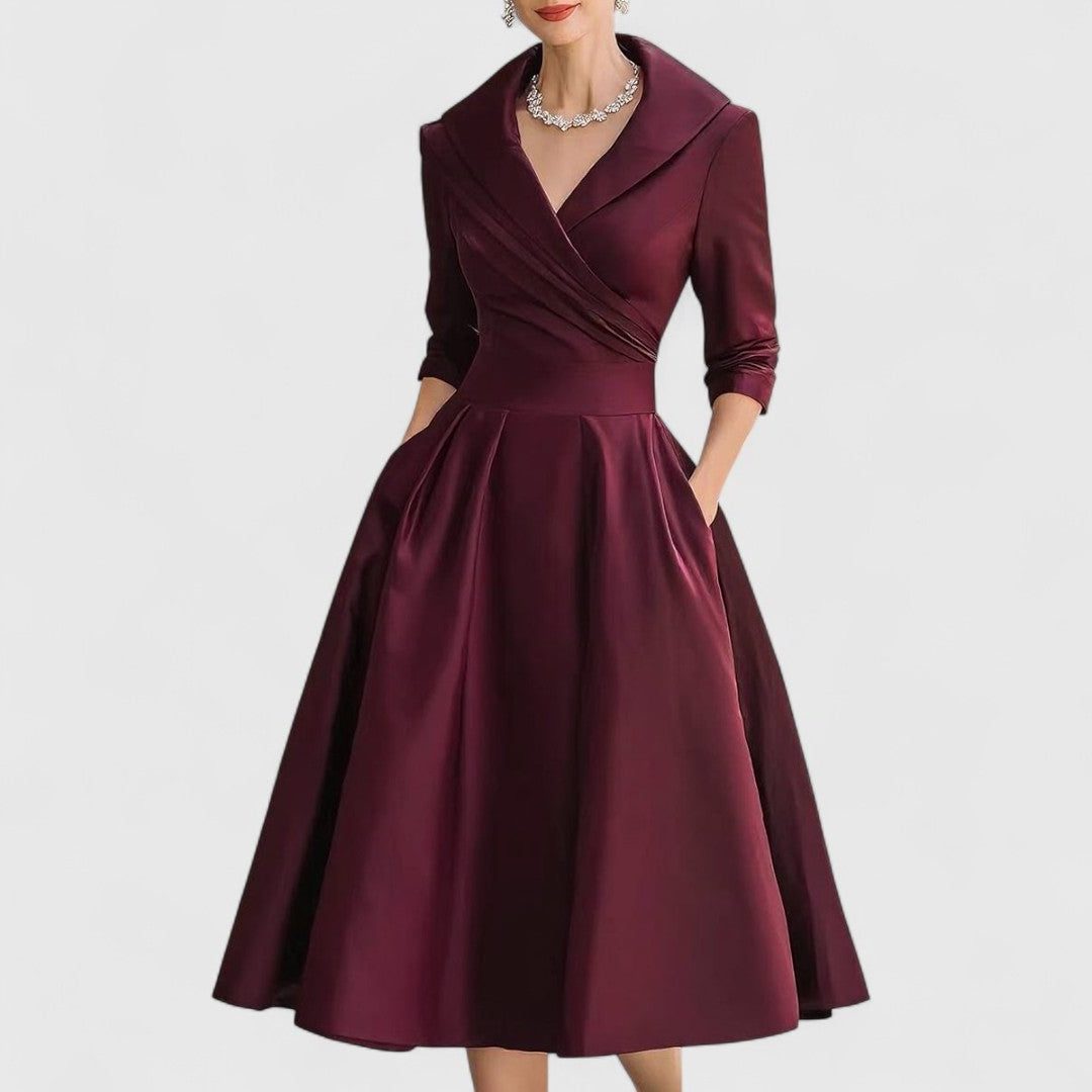 Wrap A-Line Midi Dress with V-Neck for Women - Deep Red