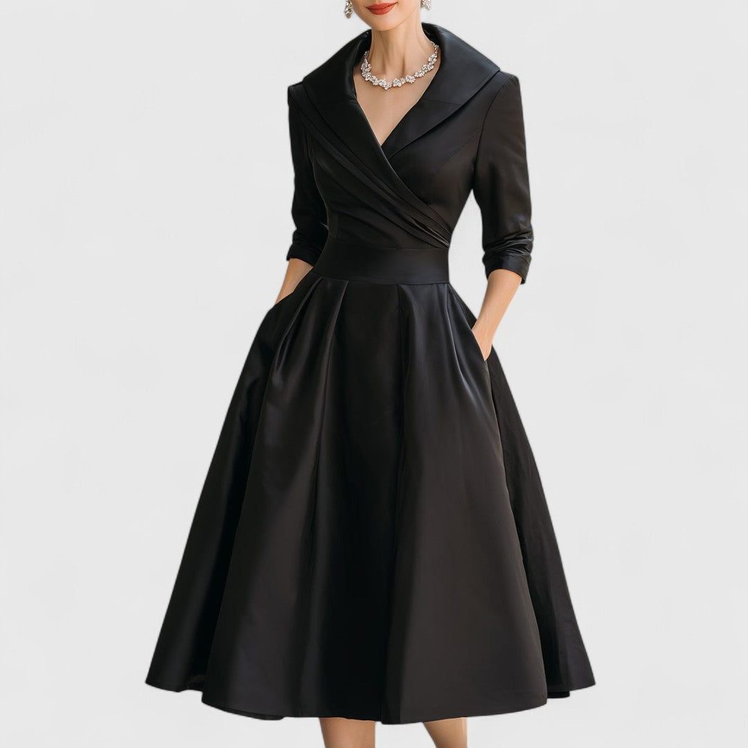 Wrap A-Line Midi Dress with V-Neck for Women - Black
