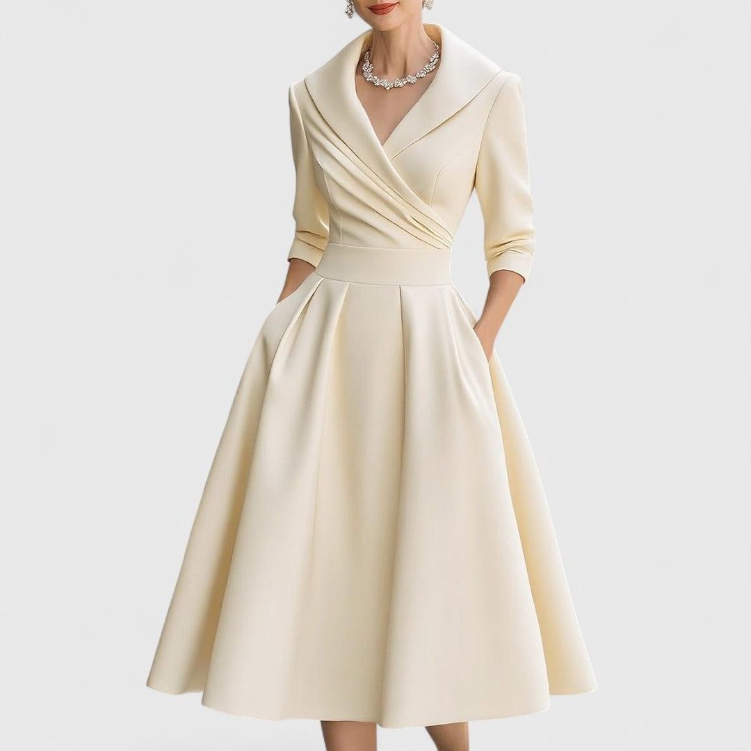Wrap A-Line Midi Dress with V-Neck for Women - Beige