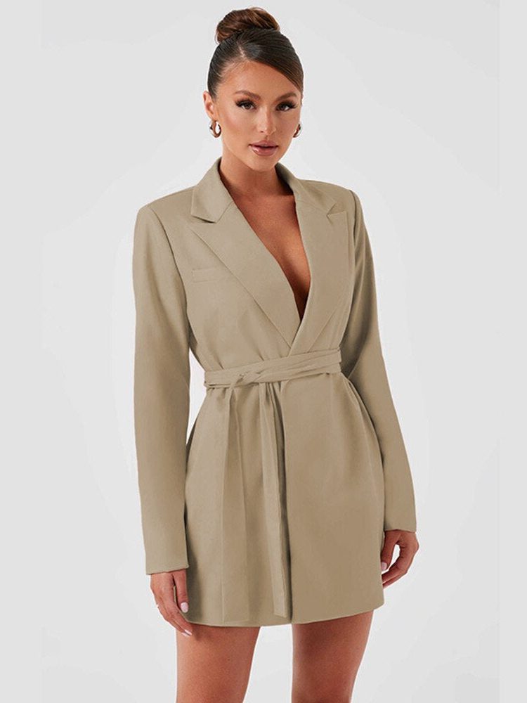 Wrap Blazer Dress with V-Neck for Women - Khaki