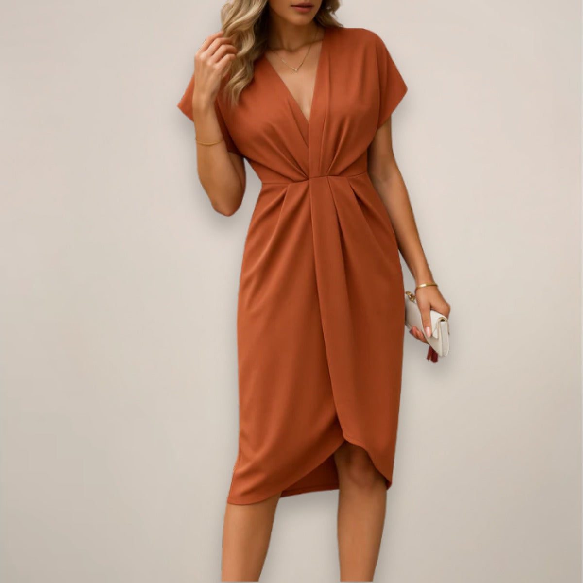 Wrap Midi Dress for Wedding Guest for Women - Rust