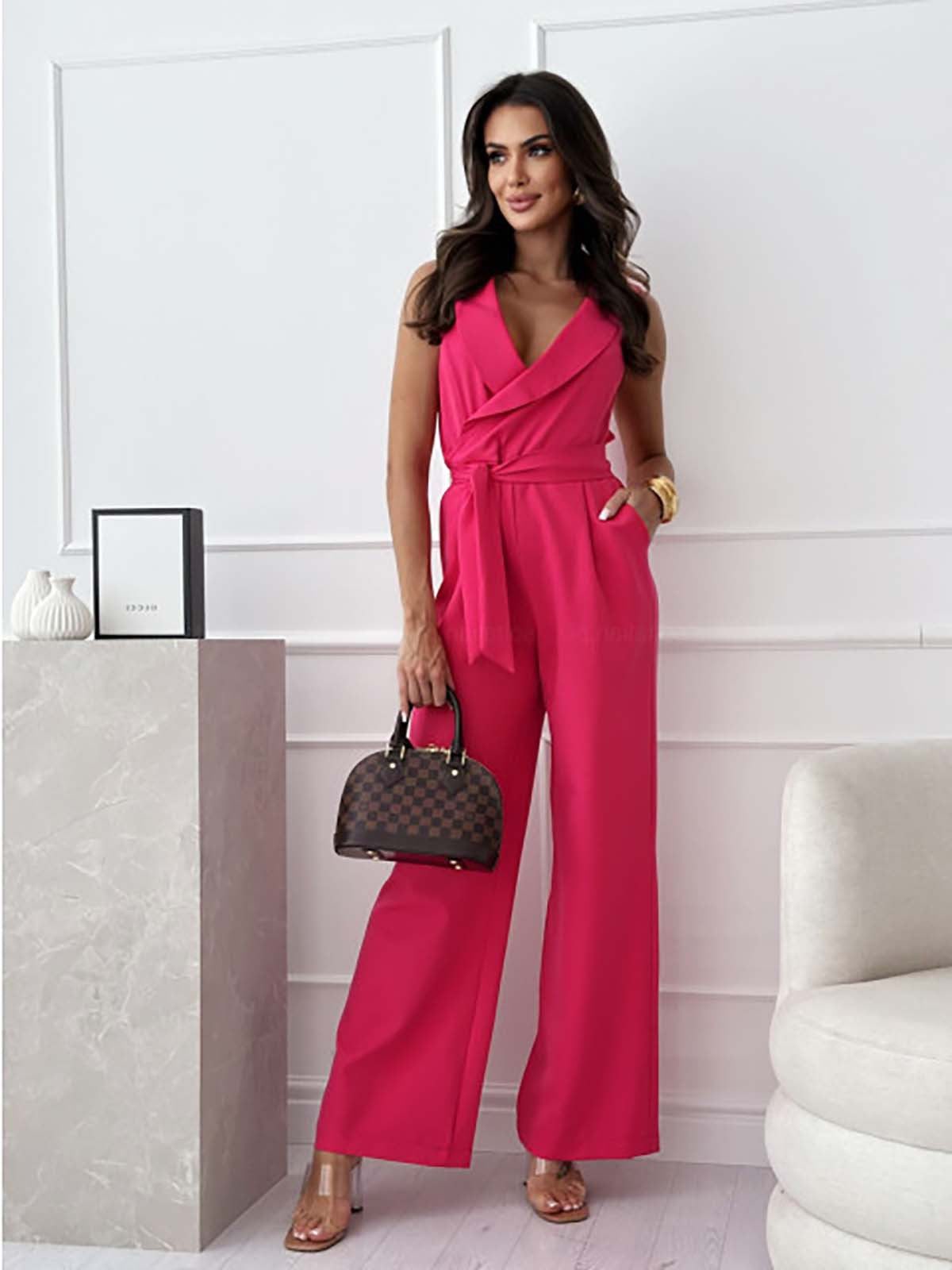 Wrap Sleeveless Jumpsuit with V-Neck for Women