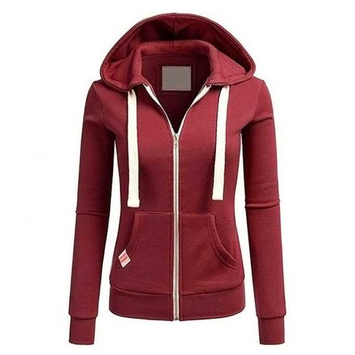 Zip-Up Fleece Hoodie with Adjustable Hood for Women - Red