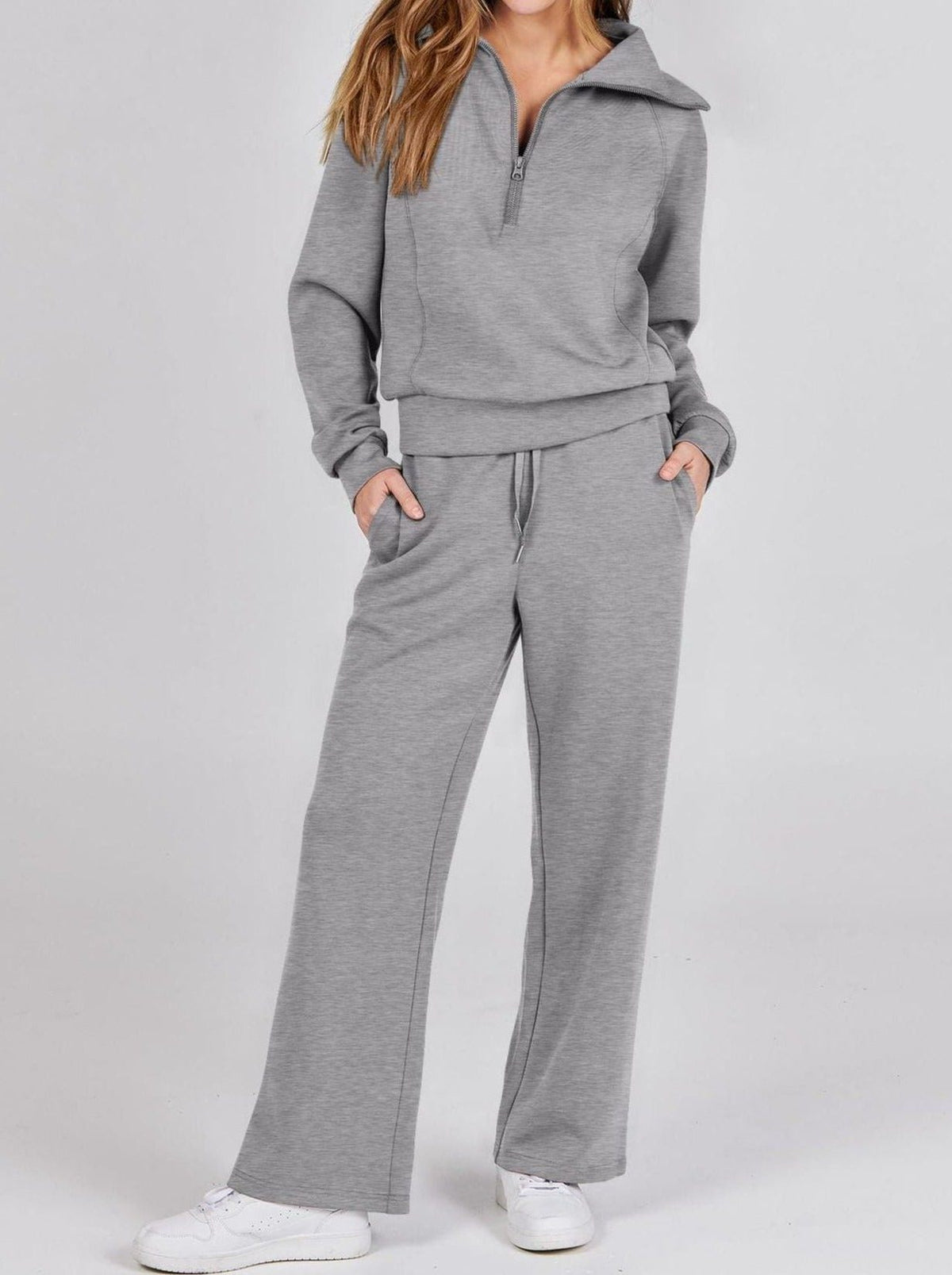 Zip-Up Hoodie Jogging Set with Wide Leg Trousers for Women - Grey