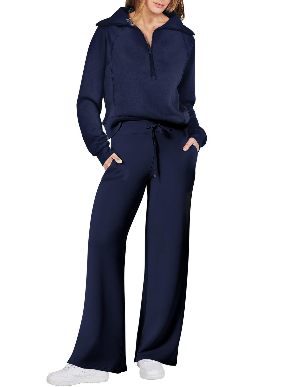 Zip-Up Hoodie Jogging Set with Wide Leg Trousers for Women - Navy Blue